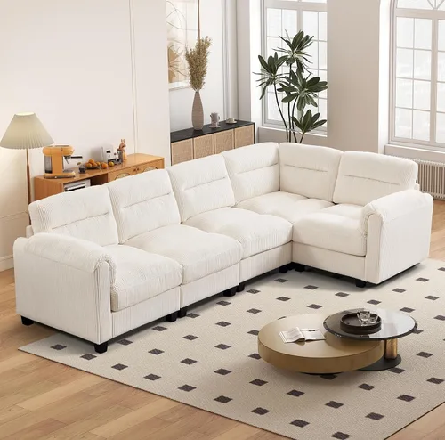 Vista 101 de HAOMARKETS Sofá esquinero modular en forma de L de 115 pulgadas con 2 otomanas móviles, sofás de pana de 8 plazas con cojín grueso para sala de Beige