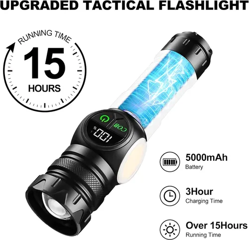 Vista 5 de iodoo Linterna recargable 3 en 1 de 5000 lúmenes, luz fuerte para exteriores de mazorca, haz de zoom de 5000 mAh, luz de flash LED con imán de falla
