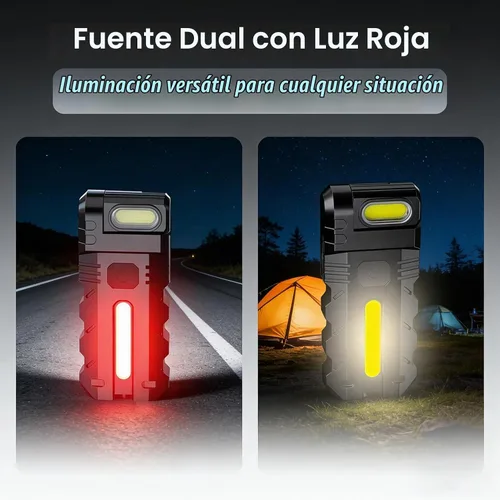 Vista 3 de Luz de trabajo LED con cabezal giratorio de 180°, doble haz, base magnética y recargable USB-C, mini llavero, linterna manos libres con clip