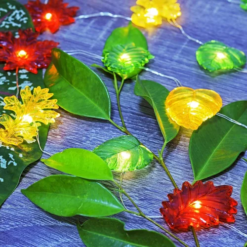 Vista 7 de Guirnalda de luces decorativas de hojas de hadas para decoración de Acción de Gracias, guirnalda de otoño, 30 luces LED de 10 pies, funciona
