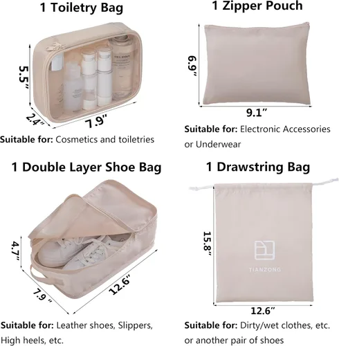 Vista 5 de TianZong Juego de 7 cubos de embalaje, bolsas de viaje para equipaje, organizadores de embalaje con bolsa para zapatos