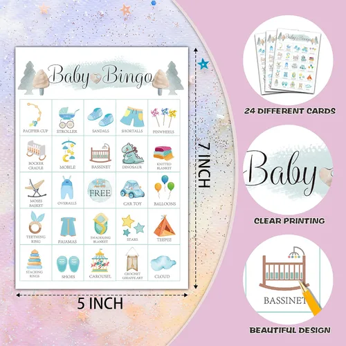 Vista 2 de Tarjetas de bingo para bebé, juego azul para baby shower para 24 jugadores, juegos de fiesta de revelación de género para actividades familiares