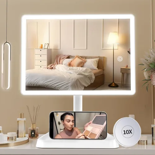 Vista 11 de FUNTOUCH Espejo de tocador de maquillaje recargable con luces, espejo de escritorio grande iluminado con 96 luces LED y aumento de 10x, iluminación