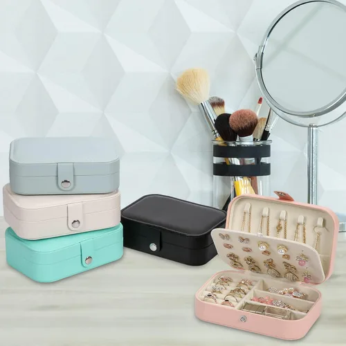 Vista 5 de XZUZ Joyero de viaje, organizador de joyas pequeño de piel sintética para niñas y mujeres, mini estuche de viaje portátil de doble capa para guardar
