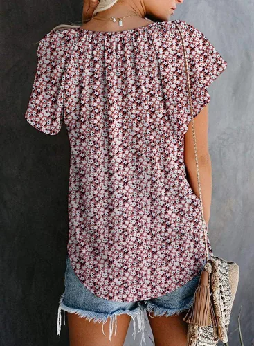 Vista 3 de SimpleFun Blusa de verano de manga corta con cuello en V floral para mujer