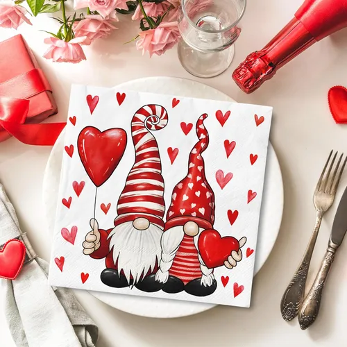 Vista 4 de Paquete de 80 servilletas de papel para el día de San Valentín, diseño de gnomo y corazón, servilletas decorativas, para almuerzo, cena, cumpleaños