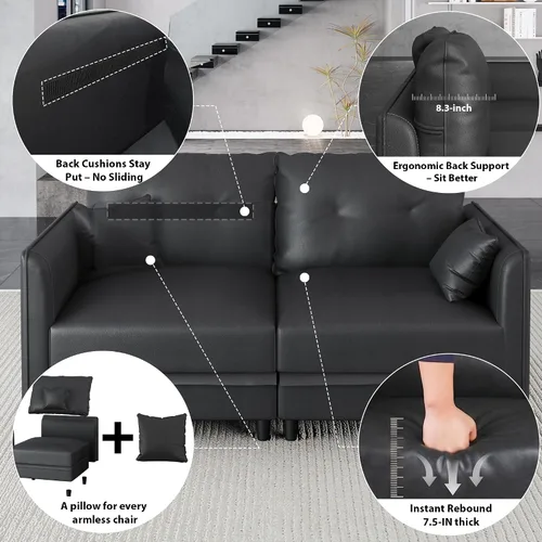 Vista 6 de LLappuil Sofá cama modular en forma de U de 6 plazas con almacenamiento, asiento profundo de piel sintética para sala de estar, impermeable y Negro