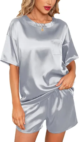 Vista 2 de Anjue Satin Pajamas for Women Soft Silk Pajama Set for Women Short Sleeve Sleepwear Top with Causal Pj Shorts S-XXL