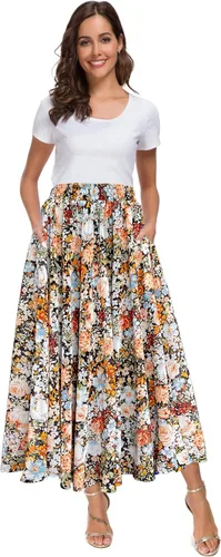 Vista 24 de Afibi Falda de gasa con estampado floral de cintura alta para mujer, estilo swing, de playa, midi, larga con bolsillos Negro