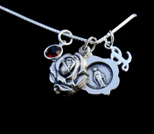 Vista 4 de Medalla Milagrosa Deslizante Medalla Milagrosa Virgen María, Cadena de Caja Esterlina, Medallón de Rosa Virgen María, Medallón María, Collar