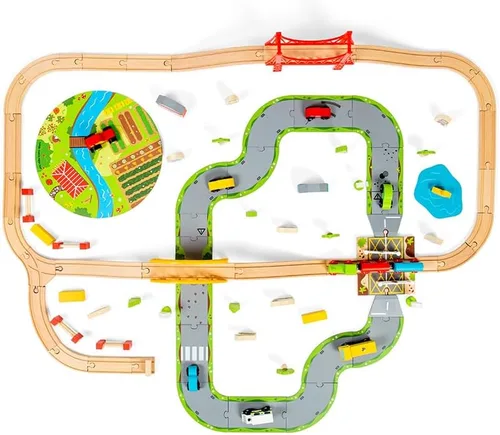 Vista 7 de Bigjigs Rail Juego de tren de madera de 80 piezas para carretera rural y ferrocarril, juego de tren para niños con 80 accesorios de tren Bigjigs