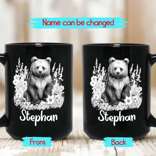 Vista 2 de Taza de café negra con diseño de oso de lápiz personalizada, regalo para los amantes de los osos, mamá y papá, taza de café de oso con dibujos