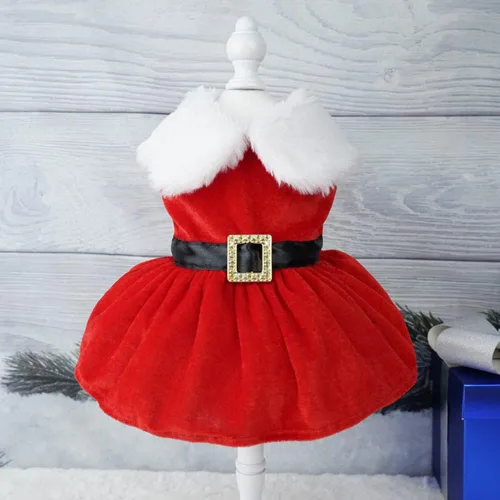 Vista 2 de Idepet Vestido de Navidad para Perro de 2 Piezas, Falda para Perro de Papá Noel Disfraz de Cachorro Navideño Conjunto Navideño Ropa de Invierno