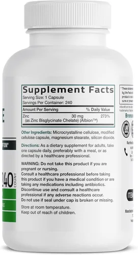 Vista 2 de Bronson Glicinato de zinc 30 mg quelatado absorción superior 100% fórmula quelatada sin OMG, 240 cápsulas vegetarianas