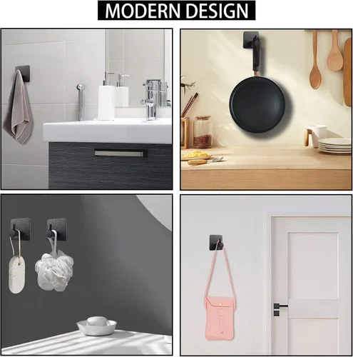 Vista 5 de Ganchos adhesivos negros, paquete de 4 ganchos de pared resistentes, ganchos adhesivos impermeables para colgar toallas, llaves, abrigos, sombreros