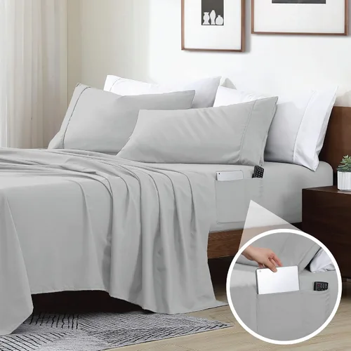 Vista 14 de Colección de sábanas lujosas inteligentes con bolsillos de almacenamiento laterales., Poliéster, Agua (Aqua), gemelo