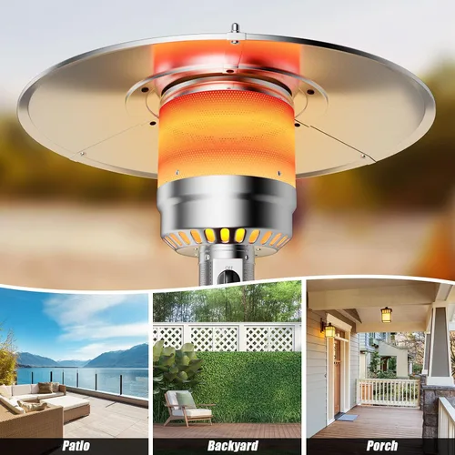Vista 5 de COSTWAY - Calentador de patio de 50,000 BTU con propano, con estante para bebidas en la mesa, ruedas, sistema de encendido simple y depósito
