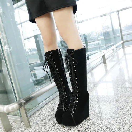 Vista 57 de Parisuit Botas góticas altas hasta la rodilla con hebilla de plataforma para mujer, tacón alto grueso, con cordones, botas de combate punk, con Negro