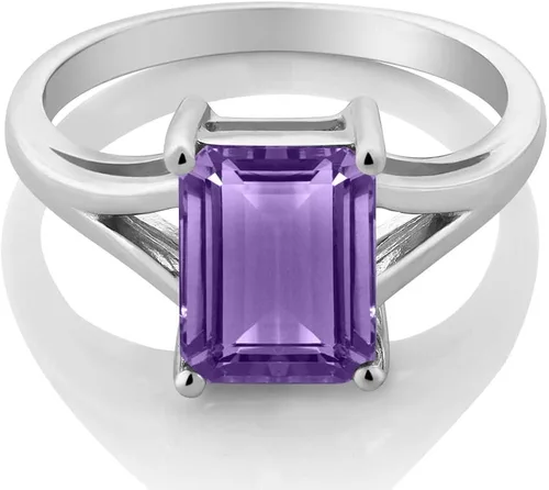 Vista 2 de Gem Stone King Anillo de compromiso solitario de plata de ley 925 con amatista púrpura para mujer