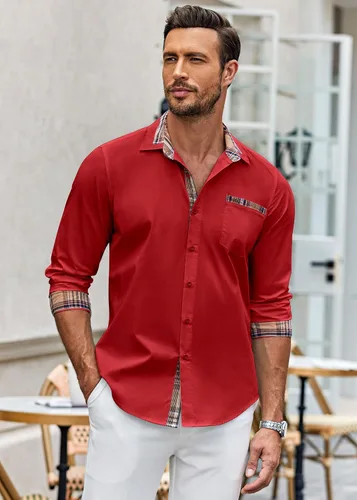 Vista 2 de COOFANDY - Camisa de vestir de algodón con mangas largas, botones y cuello a cuadros, de estilo casual, para hombres