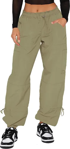 Vista 10 de Waitfairy Pantalones cargo para mujer, con cordón elástico, cintura elástica, pantalones de paracaídas holgados para mujer, pantalones Y2K con 01