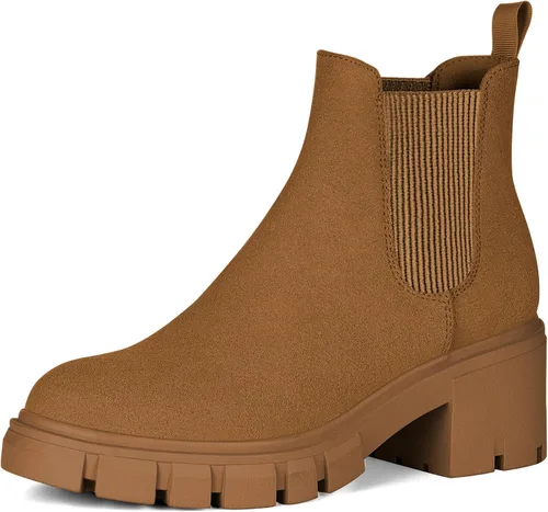 Vista 12 de Athlefit Botas Chelsea para Mujer con Suela Rugosa de Moda, Tacón Grueso, Botines de Tobillo Elásticos sin Cordones Albaricoque