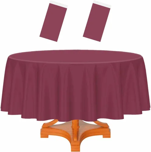 Vista 22 de HEIPINIUYE - Paquete de 2 manteles redondos de 84 pulgadas de plástico beige, manteles de mesa impermeables desechables para redondas, ideales