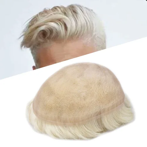 Vista 10 de Pieza de cabello para hombres suizo frente encaje frontal tupé europeo Remy sistema de reemplazo de cabello humano nudo blanqueado línea capilar