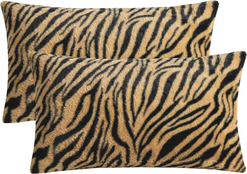 Vista 8 de Juego de 2 fundas de almohada con estampado de tigre de 18 x 18 pulgadas, fundas de almohada de piel sintética marrón y negra, suaves y esponjosas