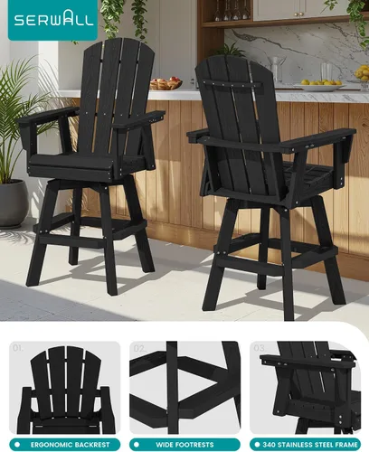 Vista 4 de SERWALL Silla de bar Adirondack giratoria de HDPE, taburetes de bar giratorios para exteriores, silla Adirondack de balcón para bistro, piscina