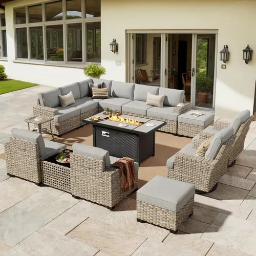 Vista 42 de HOOOWOOO Juego de Muebles Seccionales para Patio al Aire Libre, 6 Piezas Juegos de Conversación de Mimbre Sofá en Forma de L, Sofá Extra Profundo