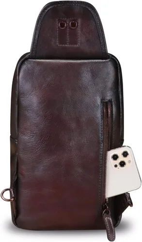 Vista 3 de LRTO Bolso bandolera de cuero genuino para motocicleta, hecho a mano, para senderismo, mochila de hombro retro, Café, Mochilas Sling