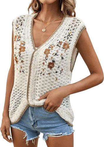 Vista 3 de Verdusa Cárdigan de punto sin mangas con cuello en V y bordado floral para mujer