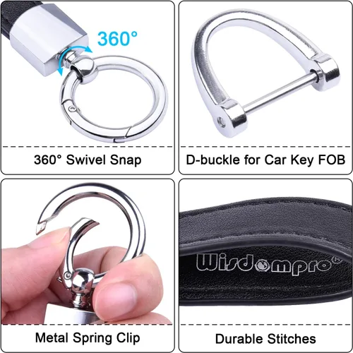 Vista 3 de Wisdompro Llavero de cuero genuino para automóvil, llavero universal para hombre, giratorio de 360 grados, con anillo en D antipérdida, 3 llaveros