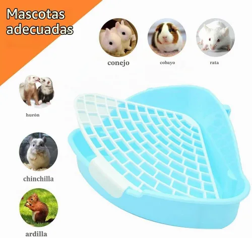 Vista 4 de Hamiledyi Caja de arena pequeña para conejo para jaula triangular, entrenador de orinal de esquina, conejo, inodoro, bandeja de plástico para Azul