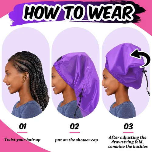 Vista 7 de SATINIOR 2 gorros de ducha extra grandes para trenza, impermeables, ajustables, reutilizables, con lazo de secado, gorros de pelo para mujeres
