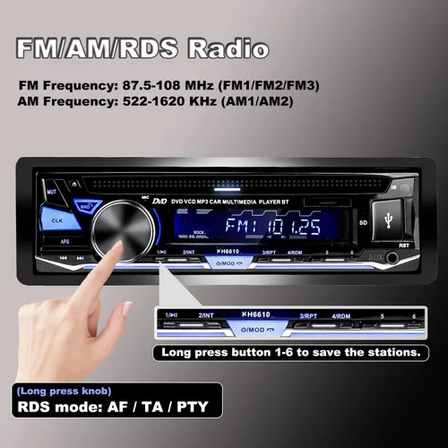 Vista 5 de Estéreo de coche de un solo DIN con reproductor de CD/DVD Bluetooth Radio FM/AM/RDS Receptor de audio USB SD AUX