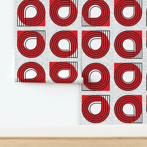 Vista 4 de Muestras de papel tapiz para despegar y pegar, Bauhaus rojo y blanco, moderno, abstracto, geométrico, círculos negros, gráfico, papel tapiz