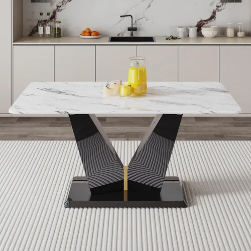 Vista 10 de Mesa de comedor de piedra sinterizada negra de 48.4 pulgadas, mesa de cocina rectangular minimalista con patas de metal negro, mesa de comedor