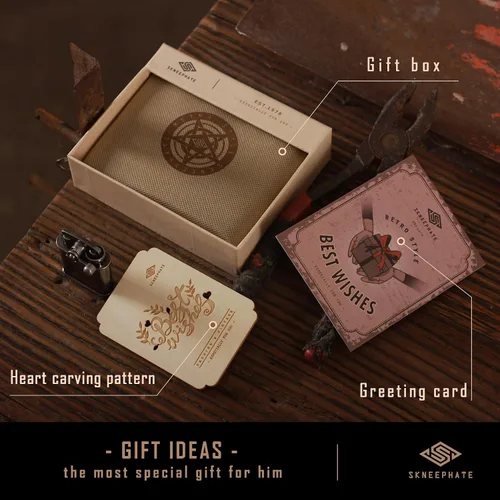Vista 6 de skneephate Cartera personalizada de lobo para hombres, billeteras triples para hombres, con bloqueo Rfid, carteras de cuero, regalos para él