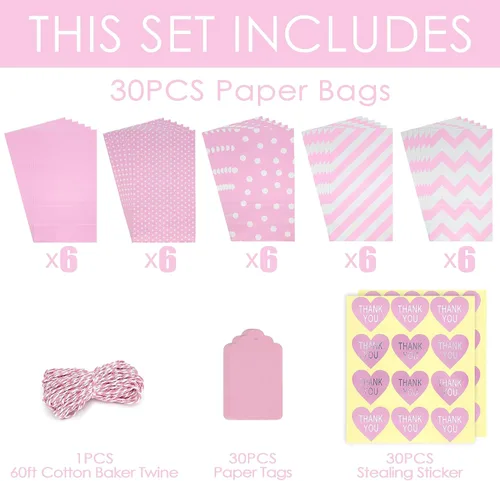 Vista 2 de SMINTINE Paquete de 30 bolsas de golosinas rosas con calcomanías de agradecimiento, etiquetas de papel, cuerda de algodón para panaderos, bolsas