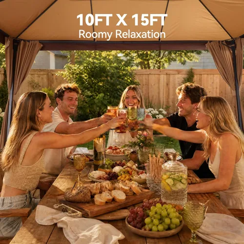 Vista 4 de COBIZI 10x15 Outdoor Patio Gazebo with Privacy Curtains, Khaki Caqui
