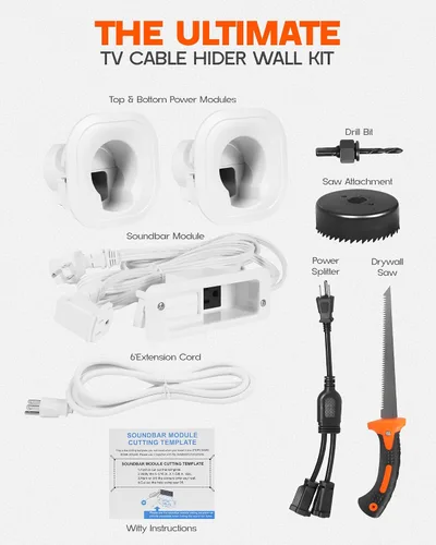 Vista 6 de Kit de gestión de cables en la pared, para TV y barra de sonido, corrector de cables y kit de alimentación con accesorio de perforación de sierra