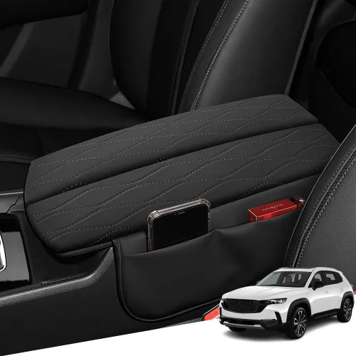 Vista 101 de Great-luck Funda de cuero para consola central, almohadilla para reposabrazos, accesorios de cubierta de caja (costuras rojas) para BMW X1 2023 2024