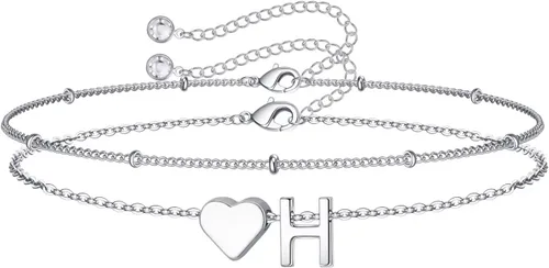 Vista 42 de M MOOHAM Pulseras de oro con inicial de corazón para mujer, pulseras con dije de letra A-Z de corazón dorado en capas para mujer, pulseras