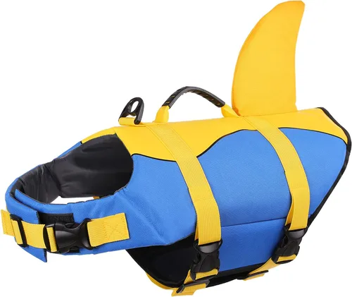 Vista 10 de Queenmore Chaleco Salvavidas para Perros Tiburón, Chaleco de Natación de Alta Flotabilidad, Chalecos Salvavidas para Perros Ajustables y Fáciles