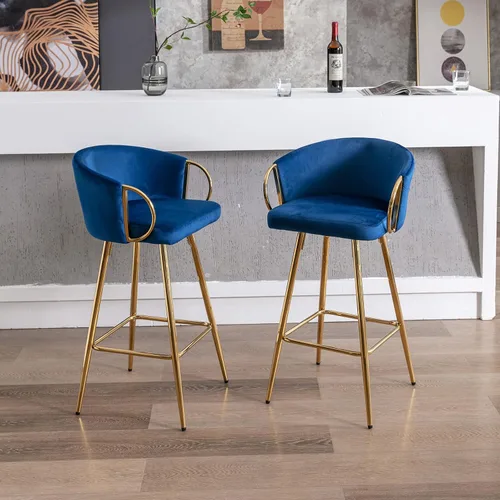 Vista 3 de Juego de 2 taburetes de bar de 26 pulgadas, sillas de isla de cocina con taburetes altos tapizados de terciopelo, taburetes de desayuno con respaldo