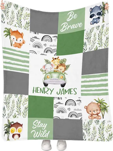 Vista 12 de Artsadd Manta personalizada con nombre, manta personalizada de animales de la selva, manta personalizada de safari para niños, niñas, baby shower