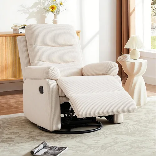 Vista 8 de Silla reclinable mecedora, moderna silla reclinable giratoria, sillón reclinable de tela de pana, sillón reclinable manual para sala de estar Beige