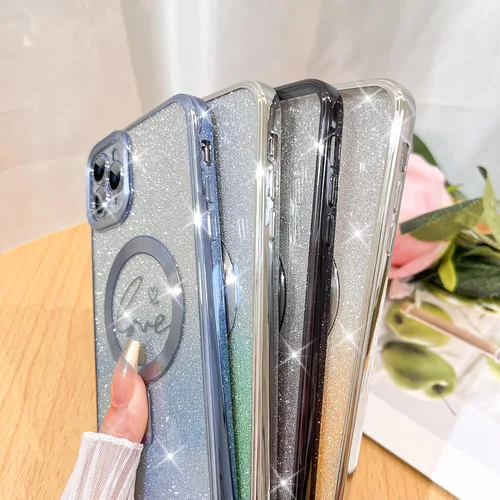 Vista 5 de Fiyart - Funda transparente magnética con purpurina para iPhone 11 Pro Max para mujeres, con grabado "Love" metálico, protección para cámara